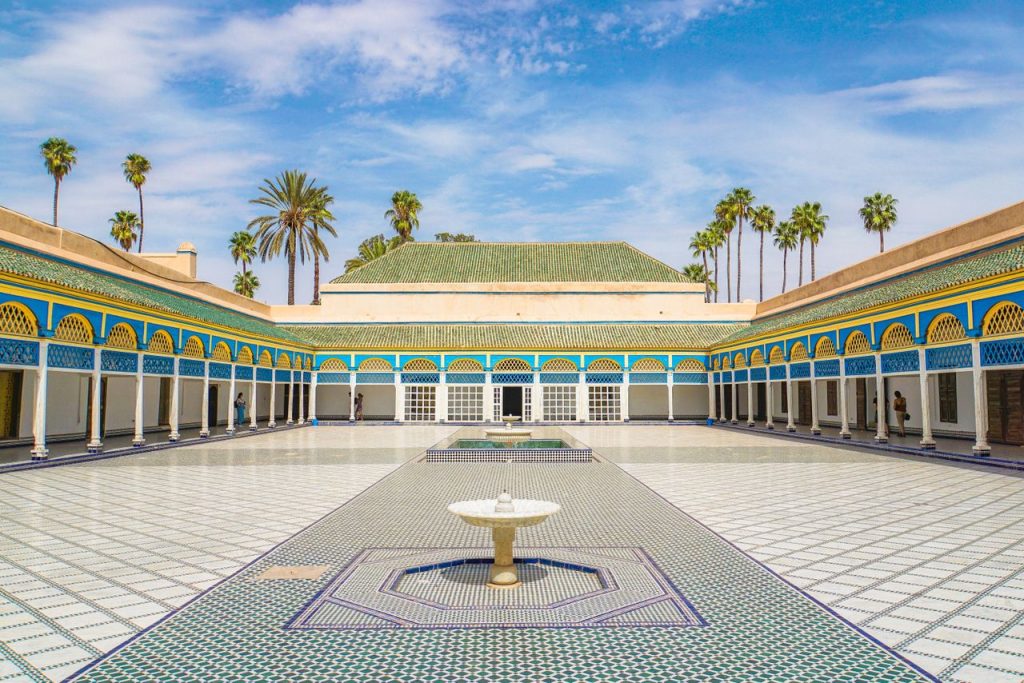 Courtyard and painted ceilings of the Bahia Palace in Marrakech