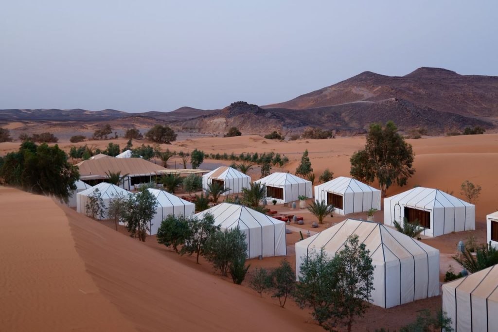 Candle-lit Berber camp tent in the Moroccan Sahara